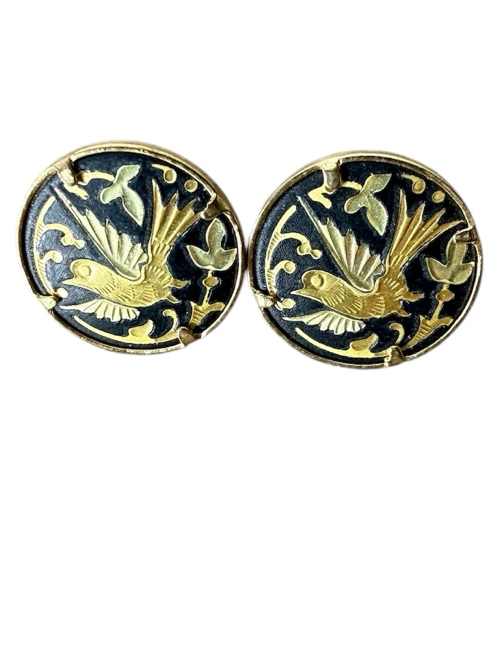 Vintage Spanish Damascene Enamel Earrings Round Swallow Bird Gold Toned Black